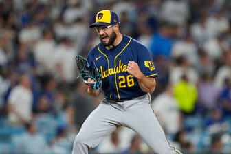 Milwaukee Brewers pitcher Aaron Ashby celebrates the final out of Game 4 of the NLCS against the Los Angeles Dodgers on Oct. 15, 2026, in Los Angeles