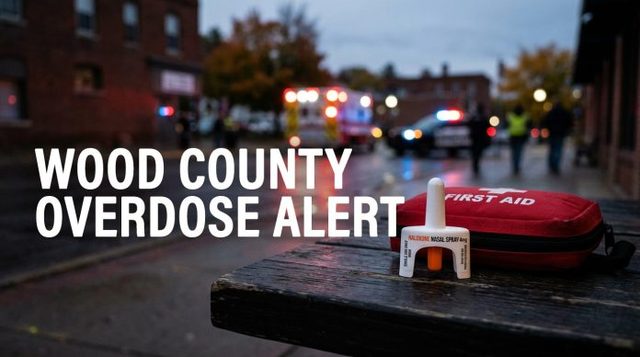 A naloxone nasal spray kit on a table with emergency vehicles blurred in the background, under the words Wood County Overdose Alert
